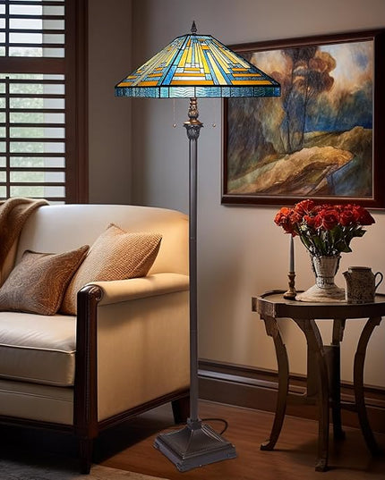 Capulina Tiffany Floor Lamp 2-Light 16X16X63 Inches Blue Amber Mission Antique Style Stained Glass Standing Reading Light for Living Room Bedroom Home Office - LeafyLoom