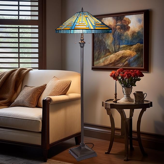 Capulina Tiffany Floor Lamp 2-Light 16X16X63 Inches Blue Amber Mission Antique Style Stained Glass Standing Reading Light for Living Room Bedroom Home Office - LeafyLoom