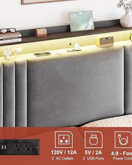 Queen Bed Frame withTall Headboard & LED Light,Velvet Upholstered Wingback Storage Headboard with Charging Station,Tufted Platform Bed Frame,No Box Spring Needed Dark Grey - LeafyLoom