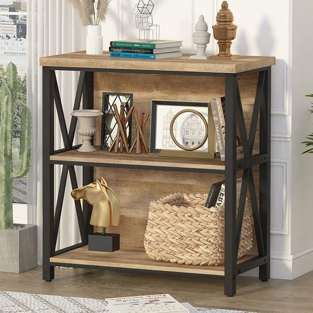FATORRI Small Bookcase, Wood and Metal Low Short Bookshelf, Industrial Book Case and Rustic Book Shelf for Small Space (Rustic Oak) - LeafyLoom