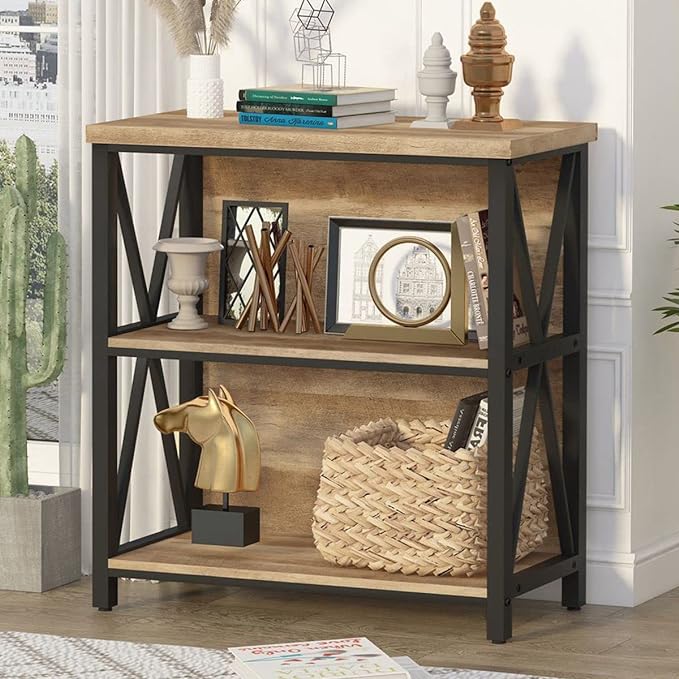 FATORRI Small Bookcase, Wood and Metal Low Short Bookshelf, Industrial Book Case and Rustic Book Shelf for Small Space (Rustic Oak) - LeafyLoom