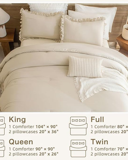 Farmhouse King Size Comforter Set,Shabby Boho Chic Bedding Ruffled King Bed Comforter Vintage Rustic French Country Bedding Sets 3 Pieces (1 Ruffle Comforter and 2 Pillowcases) - LeafyLoom
