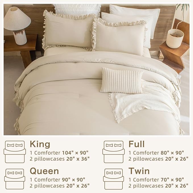 Farmhouse King Size Comforter Set,Shabby Boho Chic Bedding Ruffled King Bed Comforter Vintage Rustic French Country Bedding Sets 3 Pieces (1 Ruffle Comforter and 2 Pillowcases) - LeafyLoom