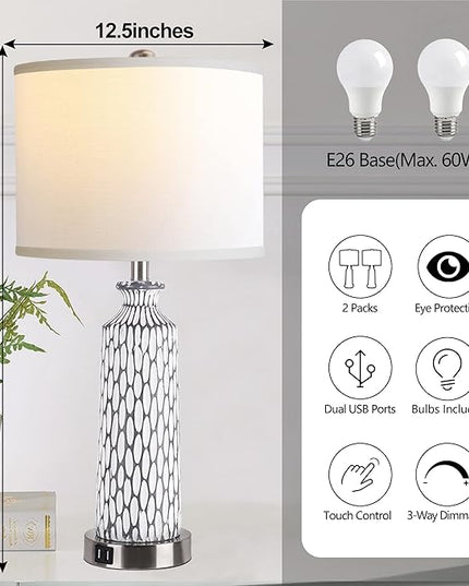 QiMH Table Lamp for Living Room,Bedside Lamps for Bedroom Set of 2 with USB Ports,3-Way Dimmable Touch Control, Modern Coastal White Grey Resin Nightstand Lamp(with 2700K LED Bulbs) - LeafyLoom