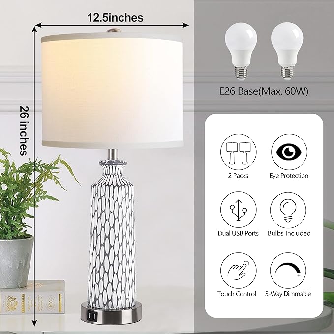 QiMH Table Lamp for Living Room,Bedside Lamps for Bedroom Set of 2 with USB Ports,3-Way Dimmable Touch Control, Modern Coastal White Grey Resin Nightstand Lamp(with 2700K LED Bulbs) - LeafyLoom