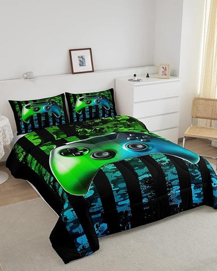 Gamer Comforter Set King Kids Boys Teens USA Flag Stars Down Comforter Gaming Comforter Gamer Room Decor Camo Video Game Bedding Set, Gamepad Console Duvet, Youth Young Man Quilt, Grunge Style - LeafyLoom