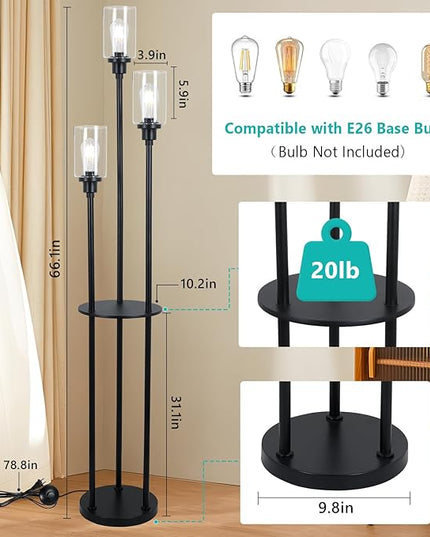 HMVPL Floor Lamps for Living Room, 3-Lights Modern Floor Lamp with Shelves, Farmhouse Standing Lamp with Glass Shades, On/Off Foot Switch, Black Industrial Tall Lamp for Bedroom Office Corner(66") - LeafyLoom