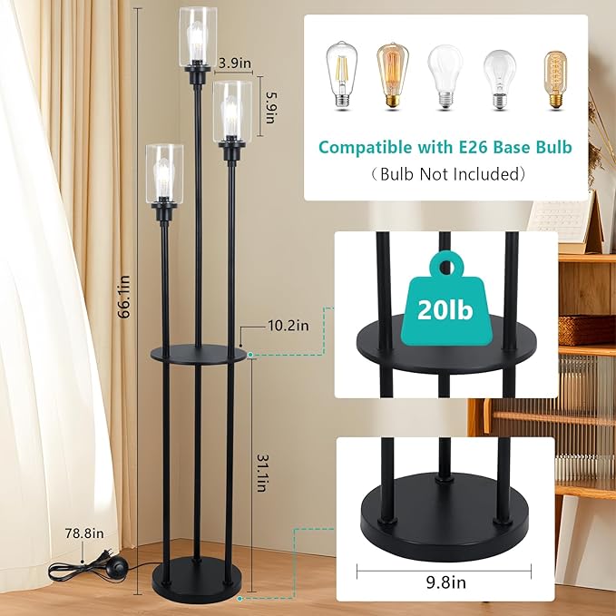 HMVPL Floor Lamps for Living Room, 3-Lights Modern Floor Lamp with Shelves, Farmhouse Standing Lamp with Glass Shades, On/Off Foot Switch, Black Industrial Tall Lamp for Bedroom Office Corner(66") - LeafyLoom