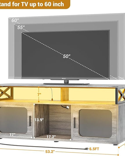 Aheaplus TV Stand for 55 60 Inch TV, Entertainment Center with LED Light & Charging Station, TV Console Table, Large Media Console Cabinet w/Soundbar Shelf, for Living Room, Bedroom, White Oak - LeafyLoom