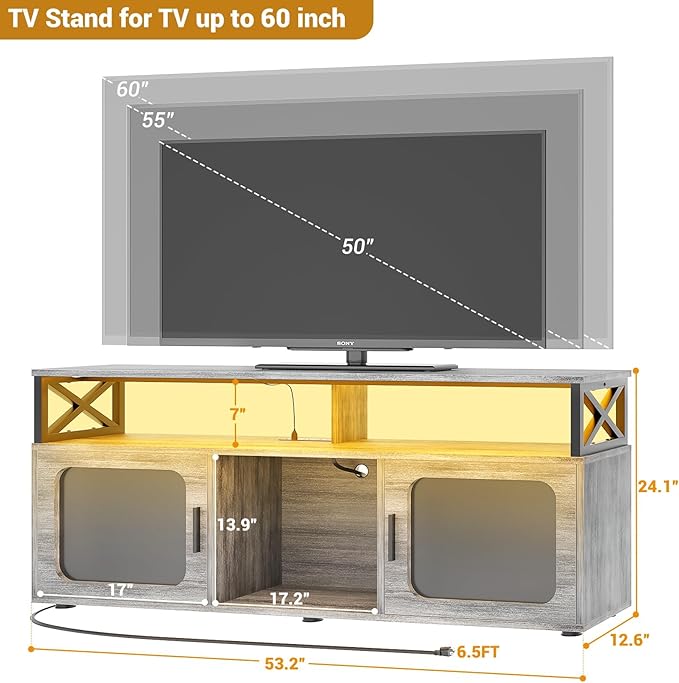 Aheaplus TV Stand for 55 60 Inch TV, Entertainment Center with LED Light & Charging Station, TV Console Table, Large Media Console Cabinet w/Soundbar Shelf, for Living Room, Bedroom, White Oak - LeafyLoom