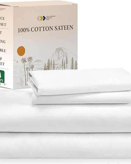 California Design Den 100% Cotton Sheets for Queen Size Bed Sheets with Deep Pocket, 4 Piece Queen Sheet Set with Sateen Weave, Cooling Sheets (White) - LeafyLoom