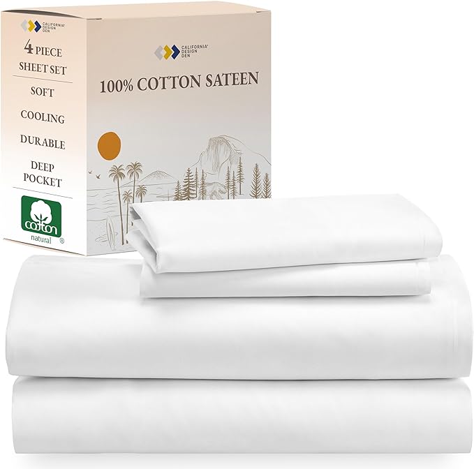 California Design Den 100% Cotton Sheets for Queen Size Bed Sheets with Deep Pocket, 4 Piece Queen Sheet Set with Sateen Weave, Cooling Sheets (White) - LeafyLoom