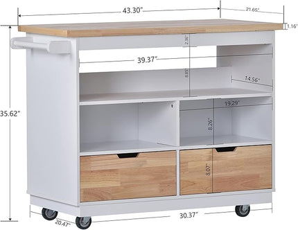 Rolling Storage, Two-sided Kitchen Island Cart on Wheels with Wood Top, Wine and Spice Rack, 2 Drawers, 3 Open Compartments, for Dining Room, Home, White, 46 Inch - LeafyLoom