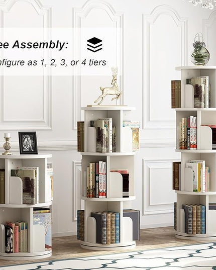 Rotating Bookshelf 51.2", White Wood Bookcase for Kids and Adults, 360 Display 4 Tier Small Corner Book Shelf Organizer, Floor Standing Storage Rack for Bedroom, Living Room, White - LeafyLoom