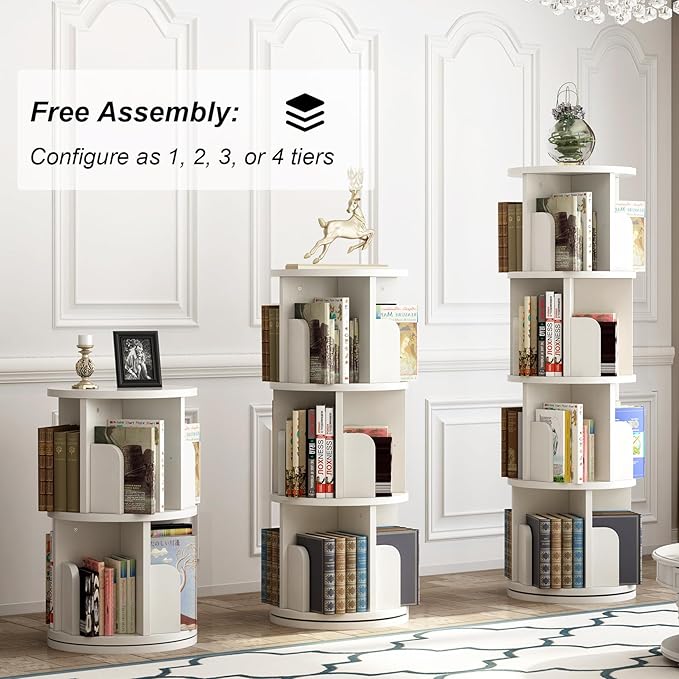 Rotating Bookshelf 51.2", White Wood Bookcase for Kids and Adults, 360 Display 4 Tier Small Corner Book Shelf Organizer, Floor Standing Storage Rack for Bedroom, Living Room, White - LeafyLoom