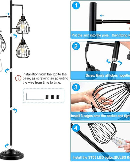 Lakumu Industrial Tree Floor Lamp for Living Room, with 3 Elegant Teardrop Cage Heads & ST58 Edison LED Bulbs, Sturdy Base Tall Vintage Pole Light Great for Farmhouse Rustic Bedroom Office - LeafyLoom