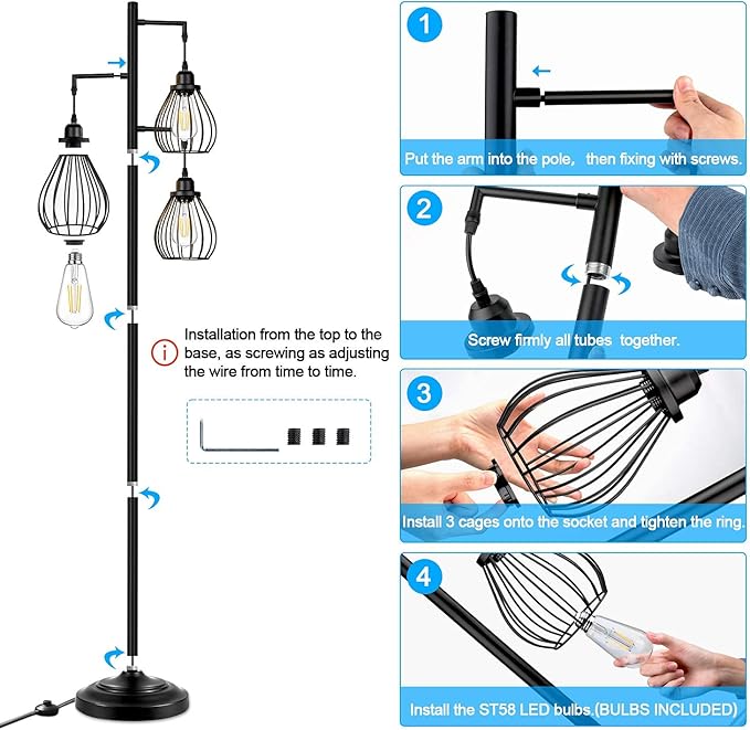 Lakumu Industrial Tree Floor Lamp for Living Room, with 3 Elegant Teardrop Cage Heads & ST58 Edison LED Bulbs, Sturdy Base Tall Vintage Pole Light Great for Farmhouse Rustic Bedroom Office - LeafyLoom