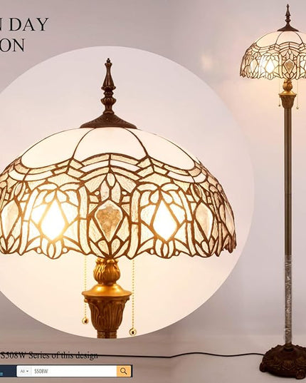 WERFACTORY Tiffany Floor Lamp Crystal Bead White Stained Glass Standing Reading Light 16X16X64 Inches Antique Pole Corner Lamp Decor Bedroom Living Room Home Office S508W Series - LeafyLoom