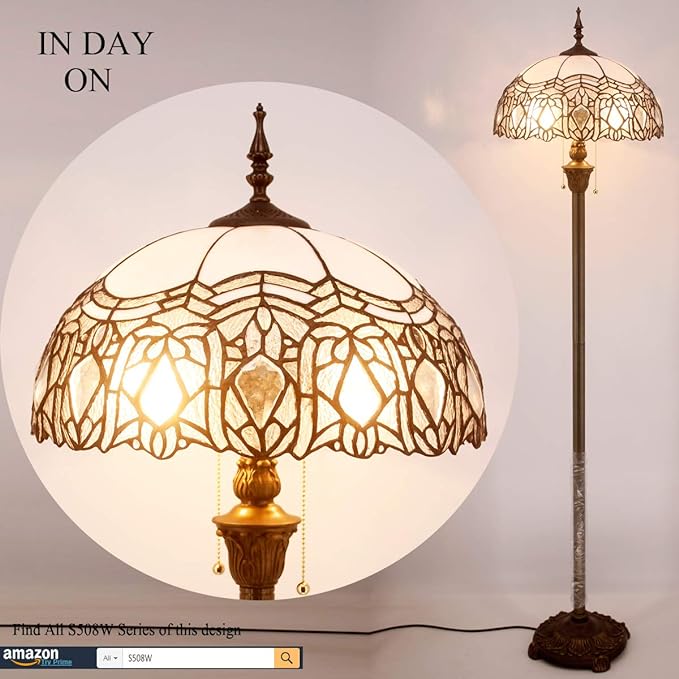 WERFACTORY Tiffany Floor Lamp Crystal Bead White Stained Glass Standing Reading Light 16X16X64 Inches Antique Pole Corner Lamp Decor Bedroom Living Room Home Office S508W Series - LeafyLoom
