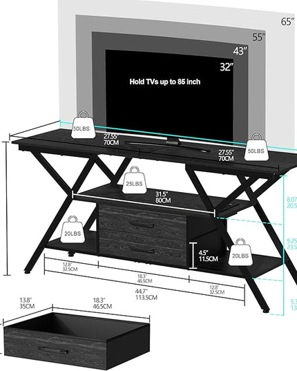 Modern 55" TV Stand with Power Outlet for TV up to 65 Inch, LED and 2 Storage Fabric Drawers, Entertainment Center with Charging Station for Living Room Bedroom (Charcoal Black) - LeafyLoom