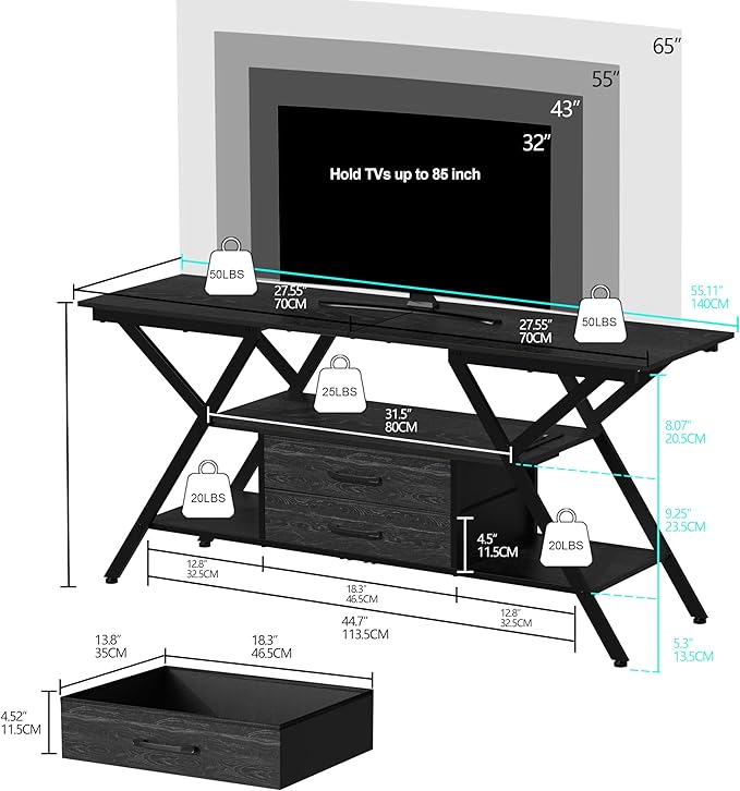 Modern 55" TV Stand with Power Outlet for TV up to 65 Inch, LED and 2 Storage Fabric Drawers, Entertainment Center with Charging Station for Living Room Bedroom (Charcoal Black) - LeafyLoom
