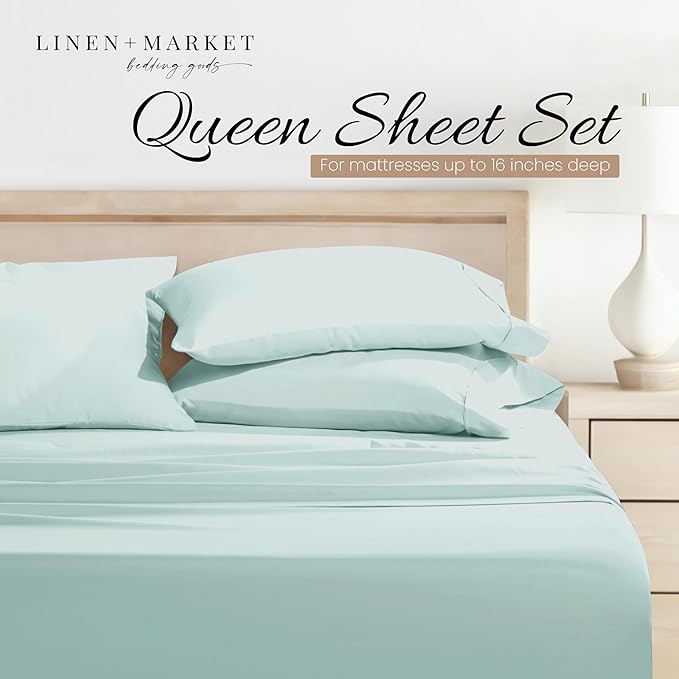 Linen Market Bed Sheets for Queen Size Bed (Aqua) - Sleep Better Than Ever with These Soft and Cooling Queen Sheets - Deep Pocket Fits 16" Thick Beds - 4 Piece Queen Sheet Set - LeafyLoom