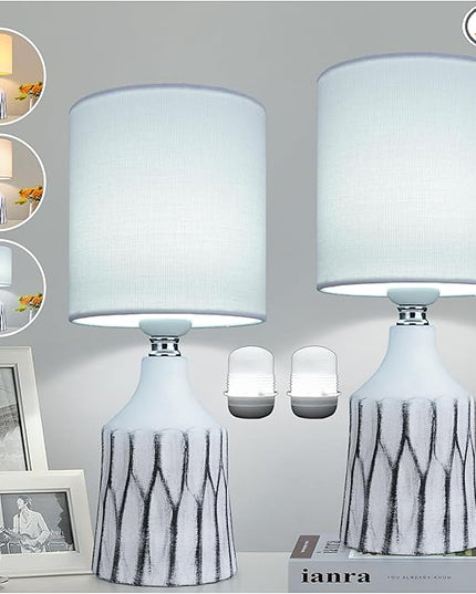 AIDENOEY Small Table Lamp for Bedroom-Bedside Desk Lamps Set of 2,with 3 Way DimmableTouch Control,Nightstand Ceramic Lamp with Fabric Shade for Kids Room,Living Room,Dorm,Home Office(Black+White) - LeafyLoom