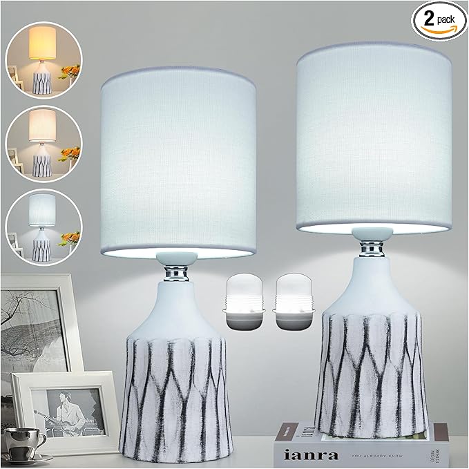AIDENOEY Small Table Lamp for Bedroom-Bedside Desk Lamps Set of 2,with 3 Way DimmableTouch Control,Nightstand Ceramic Lamp with Fabric Shade for Kids Room,Living Room,Dorm,Home Office(Black+White) - LeafyLoom