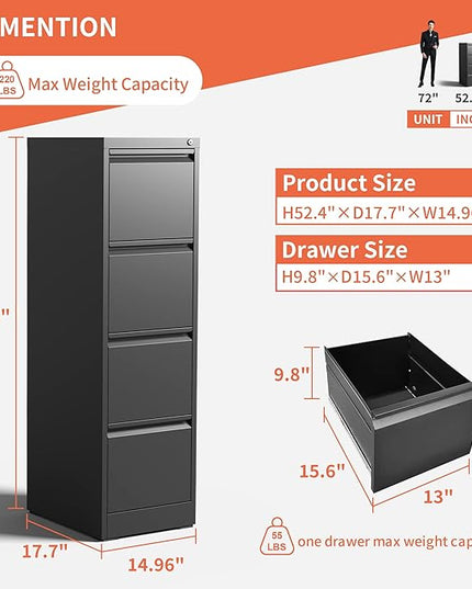 4 Drawer File Cabinet,Metal Filing Cabinets with Lock,Black Vertical File Cabinet for Home Office,Heavy Duty Metal Storage Cabinet for A4/Letter/Legal Size File,Assembly Required - LeafyLoom