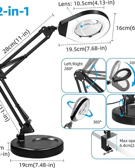 Magnifying Glass with Light and Stand & Clamp, Magnifying Desk Lamp with LED Lighted 5X Magnifier, Dual Fixtures, Upgraded Switch, for Hobby Craft Repair Reading Precision Work - LeafyLoom