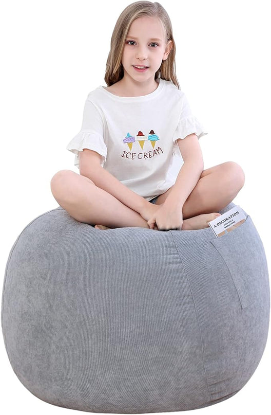 Stuffed Animal Storage Bean Bag Chair Cover (No Filler) for Kids and Adults.Soft Premium Corduroy Stuffable Beanbags for Organizing Children Plush Toys or Memory Foam Small 100L (Grey) - LeafyLoom