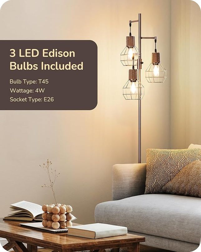 EDISHINE Dimmable Rustic Floor Lamp, Farmhouse Standing Lamp with 3 LED Edison Bulbs, Rattan Design Floor Lamps for Living Room, Bedroom, Reading Corner, Office, Electroplated Brushed Red Copper - LeafyLoom