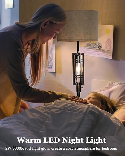 SURAIELEC Farmhouse Floor Lamp with LED Nightlight Bulb, Rustic Tall Lamps for Cabin, Traditional Standing Lamps for Bedroom, Beige Linen Drum Shade, Oil Rubbed Bronze Finish, Foot Switch - LeafyLoom
