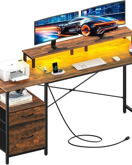 Yoobure Computer Desk, Office Desk with LED Lights & Power Outlets, Gaming Desk with Fabric File Cabinet, 55.1" Home Office Desks， Writing Desk with Drawers, Computer Table with Long Monitor Stand - LeafyLoom