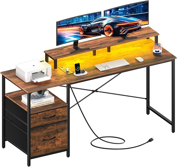 Yoobure Computer Desk, Office Desk with LED Lights & Power Outlets, Gaming Desk with Fabric File Cabinet, 55.1" Home Office Desks, Writing Desk with Drawers, Computer Table with Long Monitor Stand - LeafyLoom