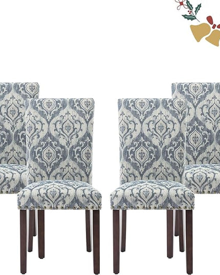 Parsons Dining Chairs Set of 4, Upholstered Nailhead Dining Room Kitchen Side Chair with Thick Cushions and Wood Legs, White/Blue - LeafyLoom