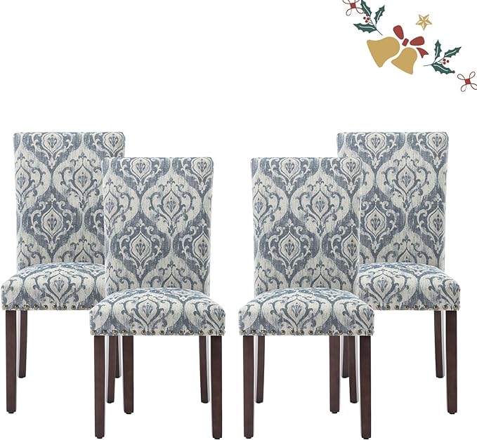 Parsons Dining Chairs Set of 4, Upholstered Nailhead Dining Room Kitchen Side Chair with Thick Cushions and Wood Legs, White/Blue - LeafyLoom