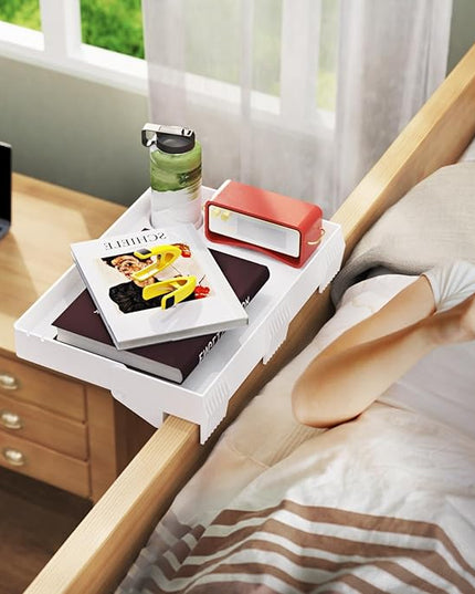 SPACELEAD Bedside Shelf for Bed, College Dorm Room Clip On Nightstand with Cup Holder & Cord Holder -Tray Table Caddy for Students, Bunk Bed Shelf for Organizer Top for Bedroom (White，Plastic) - LeafyLoom