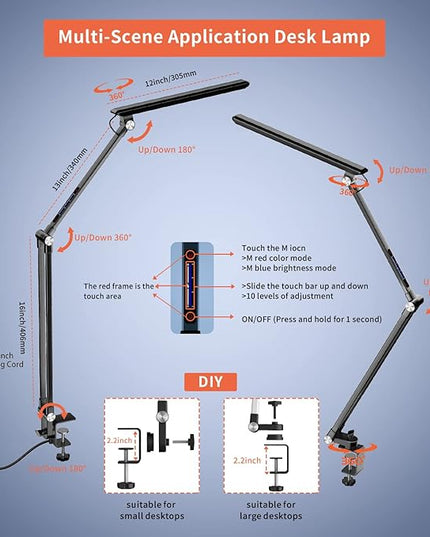 LED Desk Lamp,Dimmable 10 Color Modes 2700K-7000K & 10 Brightness,Swing Arm Table Light with Clamp,Eye-Caring Clip-on Lamps with Memory Function for Reading Work Study 700LM-Black… - LeafyLoom