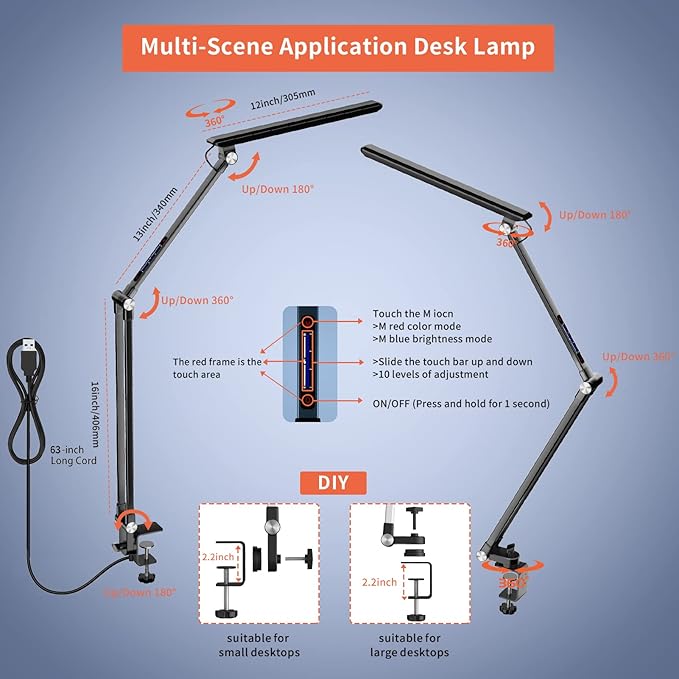 LED Desk Lamp,Dimmable 10 Color Modes 2700K-7000K & 10 Brightness,Swing Arm Table Light with Clamp,Eye-Caring Clip-on Lamps with Memory Function for Reading Work Study 700LM-Black… - LeafyLoom