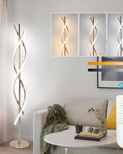 LED Modern Floor Lamp for Living Room, 40W 3 Colors Stepless Dimmable and Color-Changing Bright Floor Standing Lamp,60" Unique Spiral Floor Tall Lamp for Bedroom Office with Remote,Gold - LeafyLoom