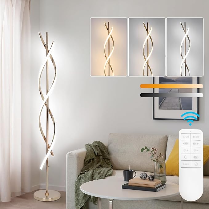 LED Modern Floor Lamp for Living Room, 40W 3 Colors Stepless Dimmable and Color-Changing Bright Floor Standing Lamp,60" Unique Spiral Floor Tall Lamp for Bedroom Office with Remote,Gold - LeafyLoom