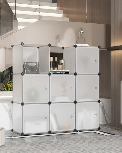 C&AHOME Cube Storage Organizer with Doors, 9-Cube Shelves, Closet Cabinet, DIY Plastic Modular Bookshelf Ideal for Bedroom, Living Room, 36.6”L x 12.4”W x 36.6”H White USBTM3009B-DOOR - LeafyLoom