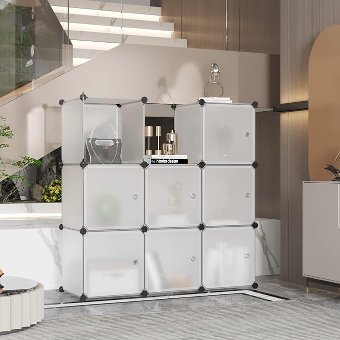 C&AHOME Cube Storage Organizer with Doors, 9-Cube Shelves, Closet Cabinet, DIY Plastic Modular Bookshelf Ideal for Bedroom, Living Room, 36.6”L x 12.4”W x 36.6”H White USBTM3009B-DOOR - LeafyLoom