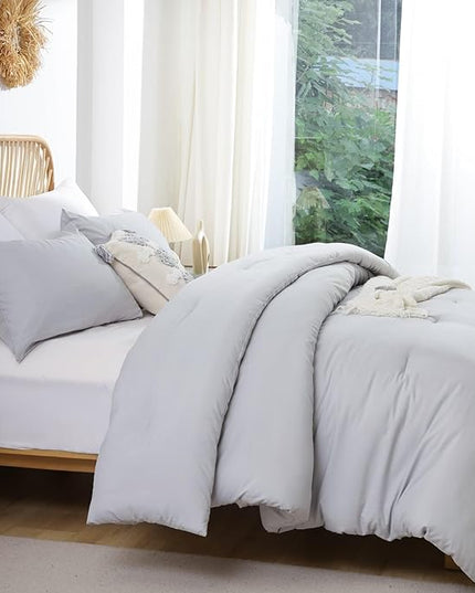 ROSGONIA Oversized King Comforter Light Gray, 3pcs (1 Grey Comforter & 2 Pillowcases), Soft Lightweight Oversized King Size Comforter Sets Bedding - LeafyLoom