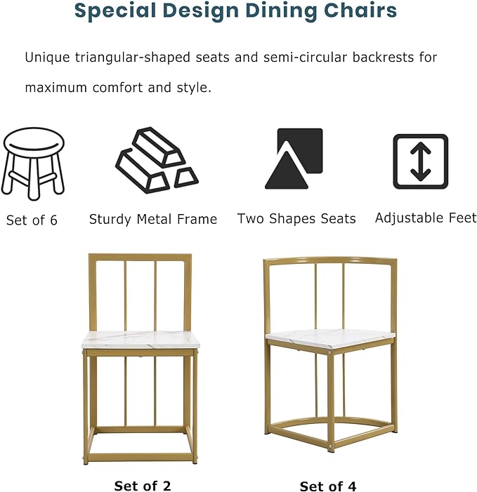 Dining Table Set for 6, 55 Inch Faux Marble Dining Room Table Set with 6 Chairs, Elegant and Compact Kitchen Table Set for Living Room, Dining Room and Small Space, Golden+White - LeafyLoom