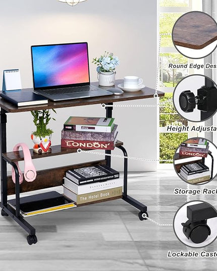 Portable Desk Small Desks for Small Spaces Laptop Table Rustic Rolling Adjustable Desk on Wheels Mobile Couch Desk for Bedroom Home Office Computer Standing Desk Student Desk with Storage 32x16 Inch - LeafyLoom