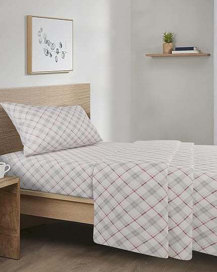 Comfort Spaces Cotton Flannel Breathable Warm Deep Pocket Sheets With Pillow Case Bedding, Twin, Plaid Grey/Red, 3 Piece - LeafyLoom