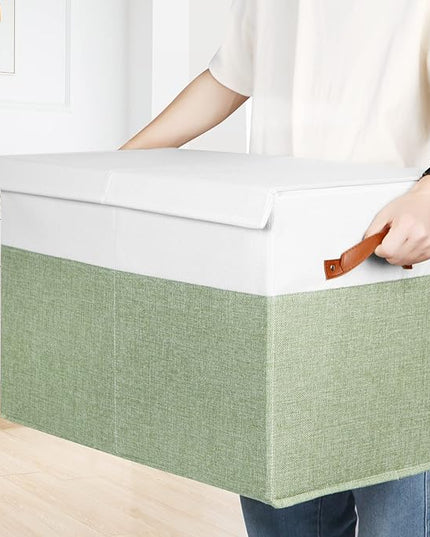 Large Toy Storage Box with Lid, Sturdy Toys Storage Chest Bin Organizer Basket with Dividers for Kids, Boys, Girls, Nursery, Closet, Bedroom, Playroom 25"x13" x16" (Green and White) - LeafyLoom