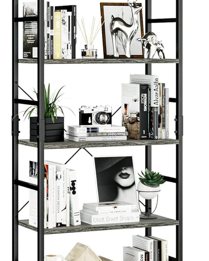 NUMENN 5 Tier Bookshelf, Tall Bookcase Shelf Storage Organizer, Modern Book Shelf for Bedroom, Living Room and Home Office, Dark Grey - LeafyLoom